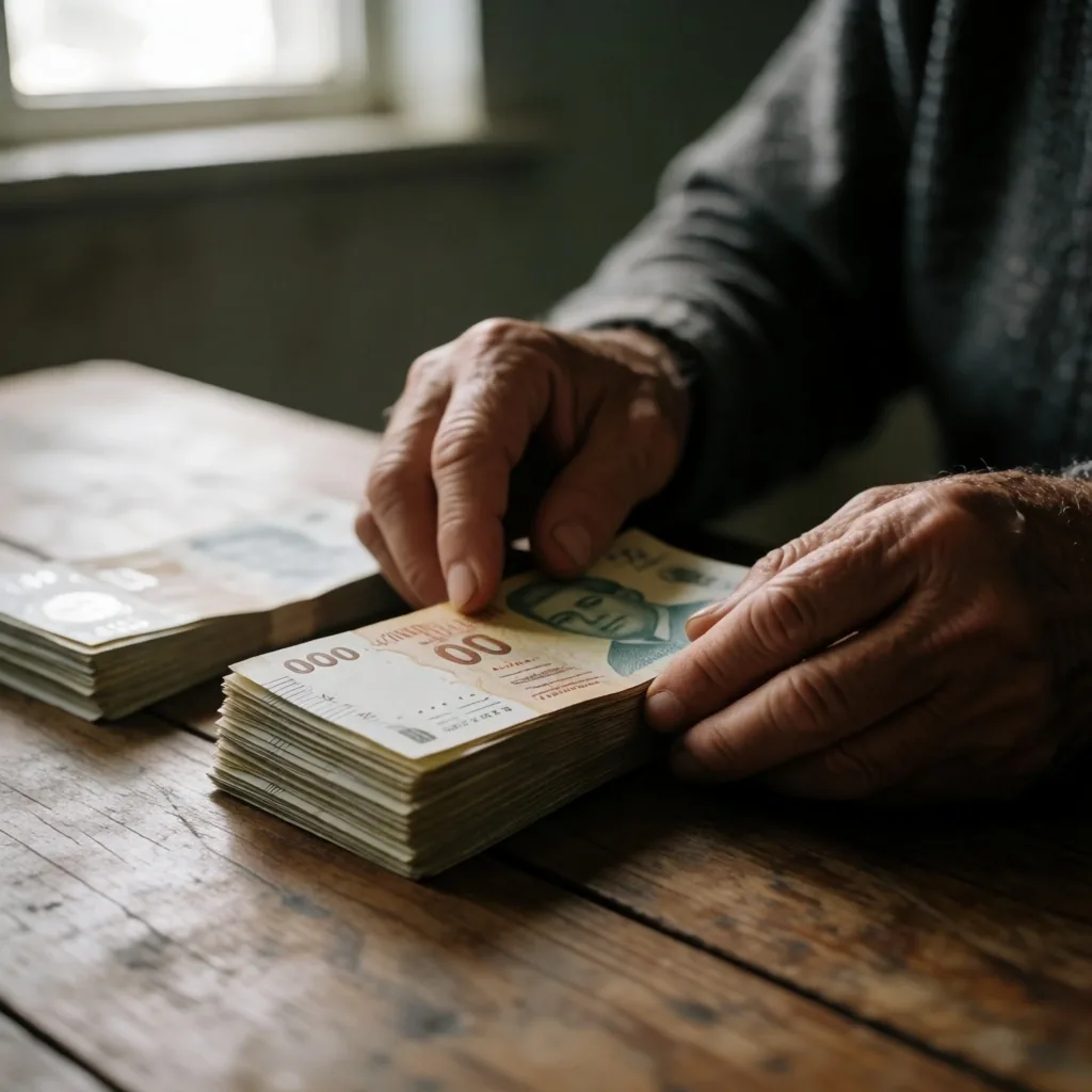 Manos contando billetes de pesos sobre una mesa de cocina