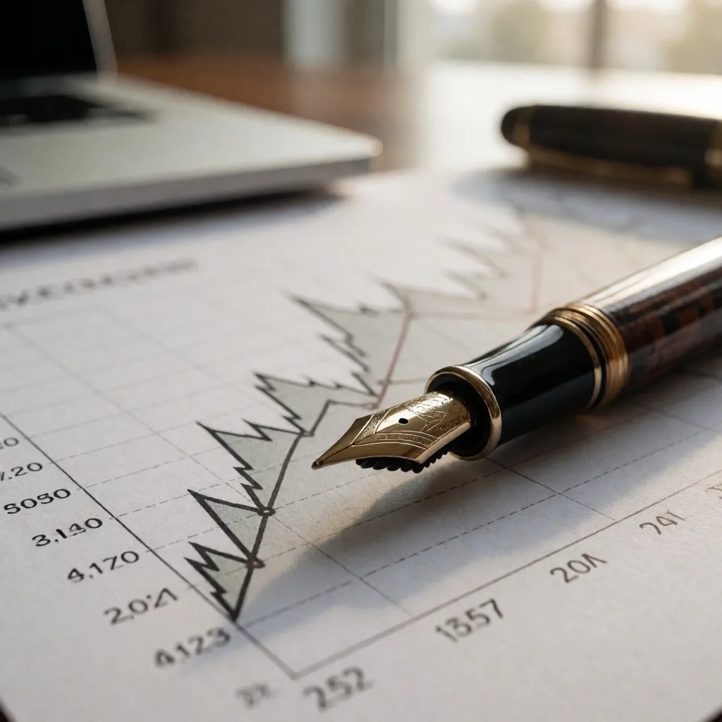 Cuaderno de análisis económico con anotaciones y reportes impresos