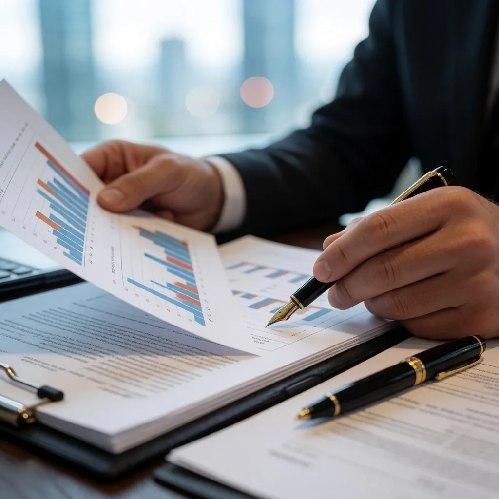 Escritorio de análisis económico con periódicos y datos financieros