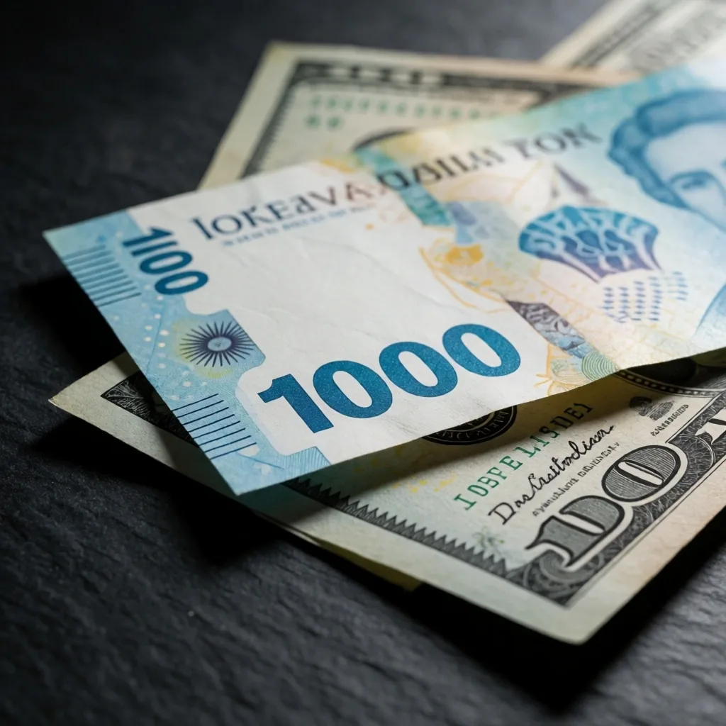 Billetes de pesos argentinos y dólares estadounidenses sobre superficie oscura