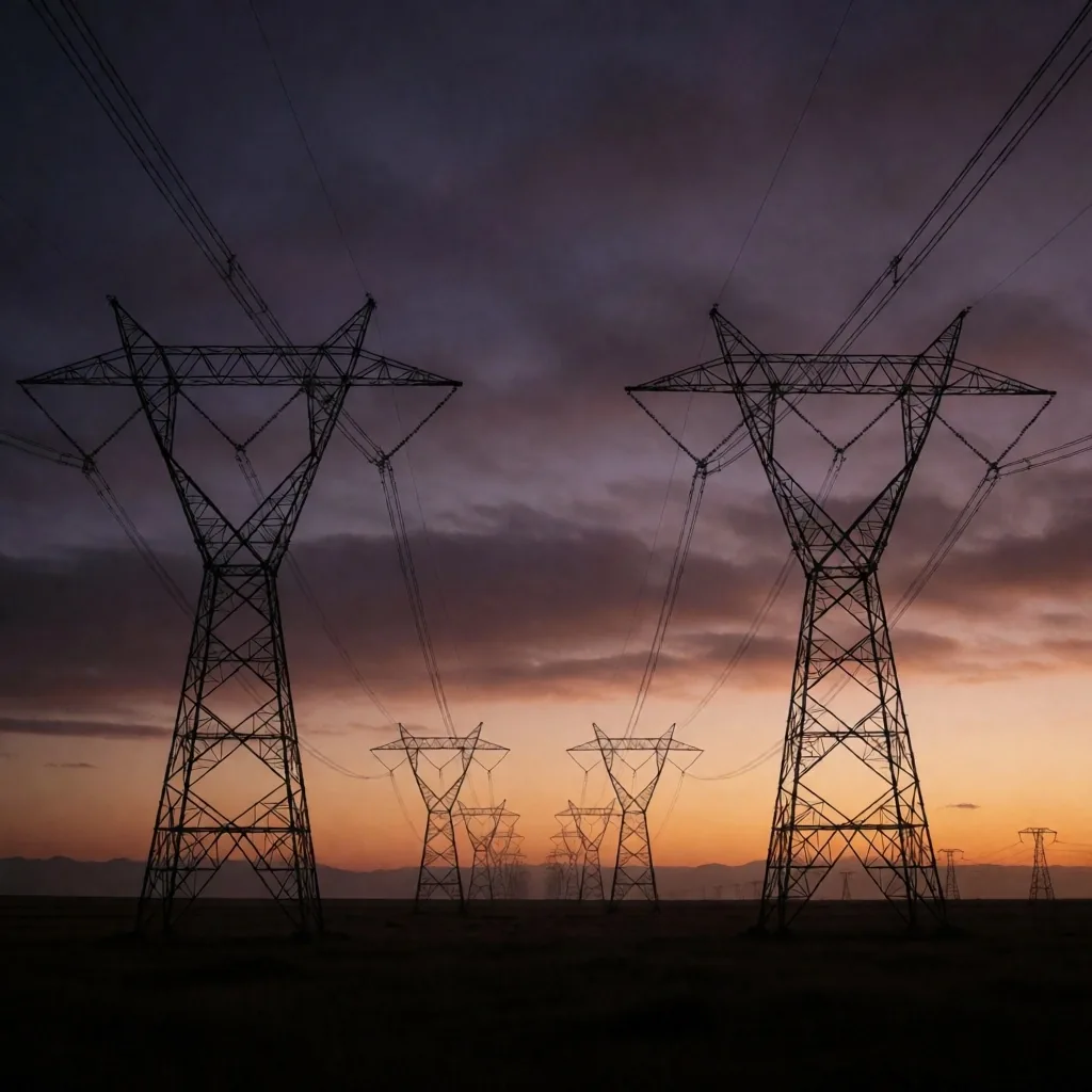 Torres de transmisión eléctrica contra el cielo al atardecer