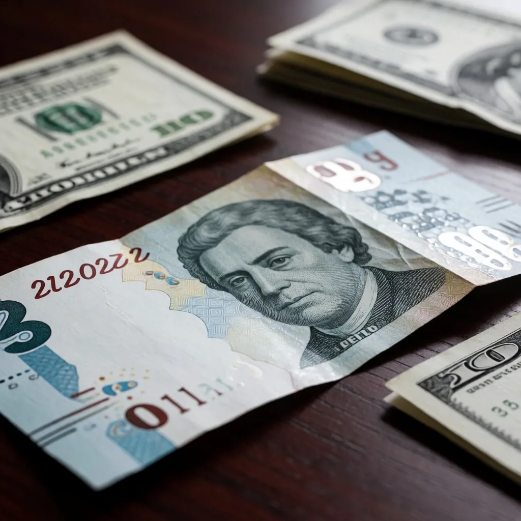 Billetes de pesos argentinos y dólares sobre escritorio