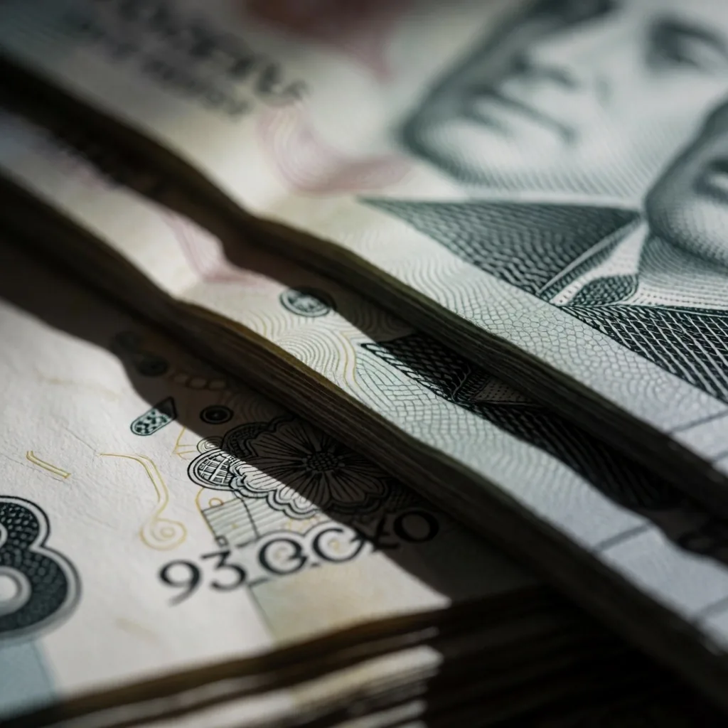 Detalle de billetes argentinos en primer plano con textura de tinta de seguridad