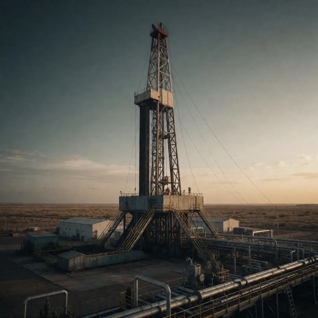 Plataforma de perforación de gas y petróleo en Vaca Muerta, Neuquén, al atardecer