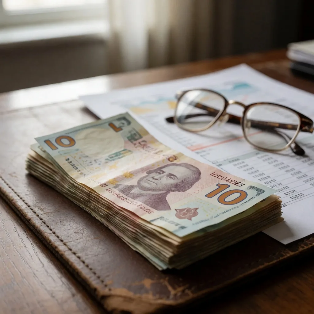 Billetes de pesos sobre un escritorio junto a un informe económico