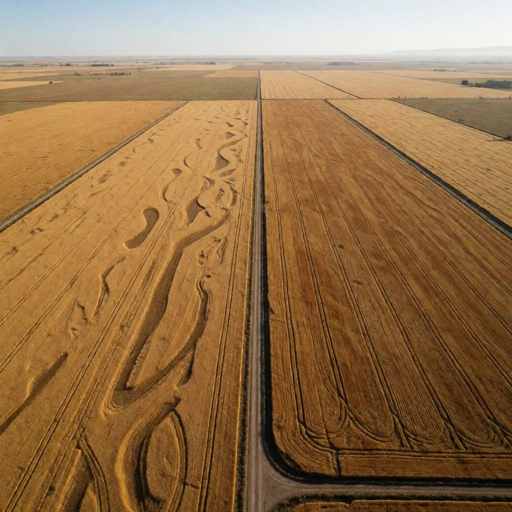 Campos de soja y cereales en la Pampa argentina durante la cosecha