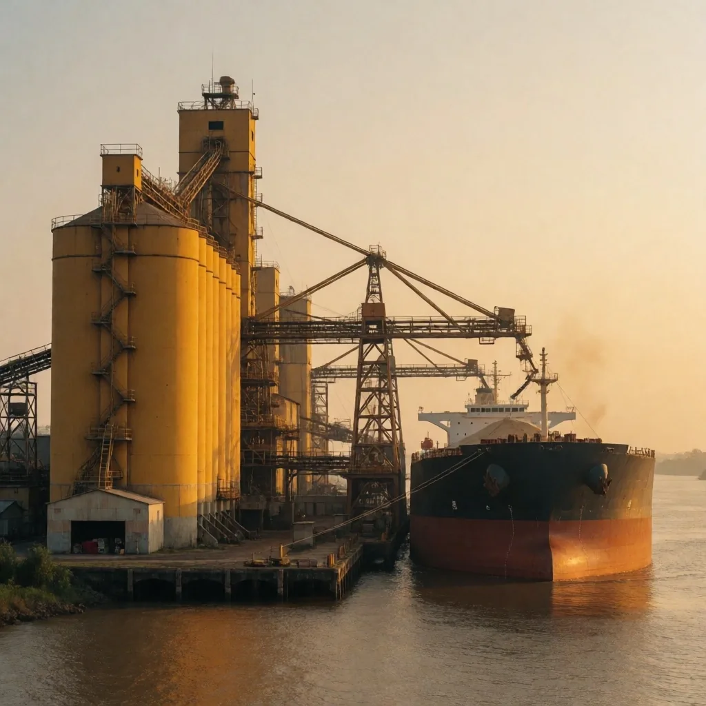 Puerto cerealero sobre el río Paraná con barcos y silos de carga