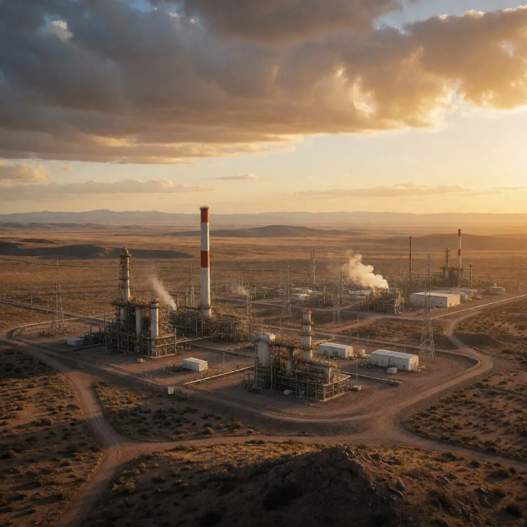 Steppe patagónico con infraestructura energética al horizonte