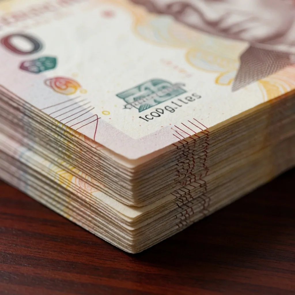 Detalle de billetes argentinos sobre escritorio, ilustración del manejo de datos financieros.