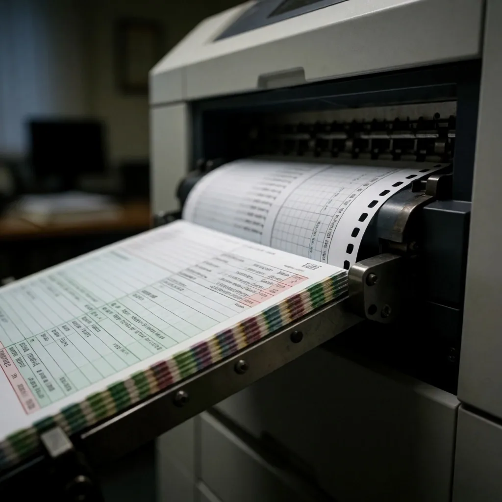 Papel de impresión continua entrando en una impresora de línea industrial